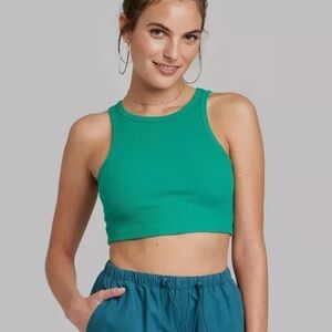 Turquoise ribbed high neck cropped tank